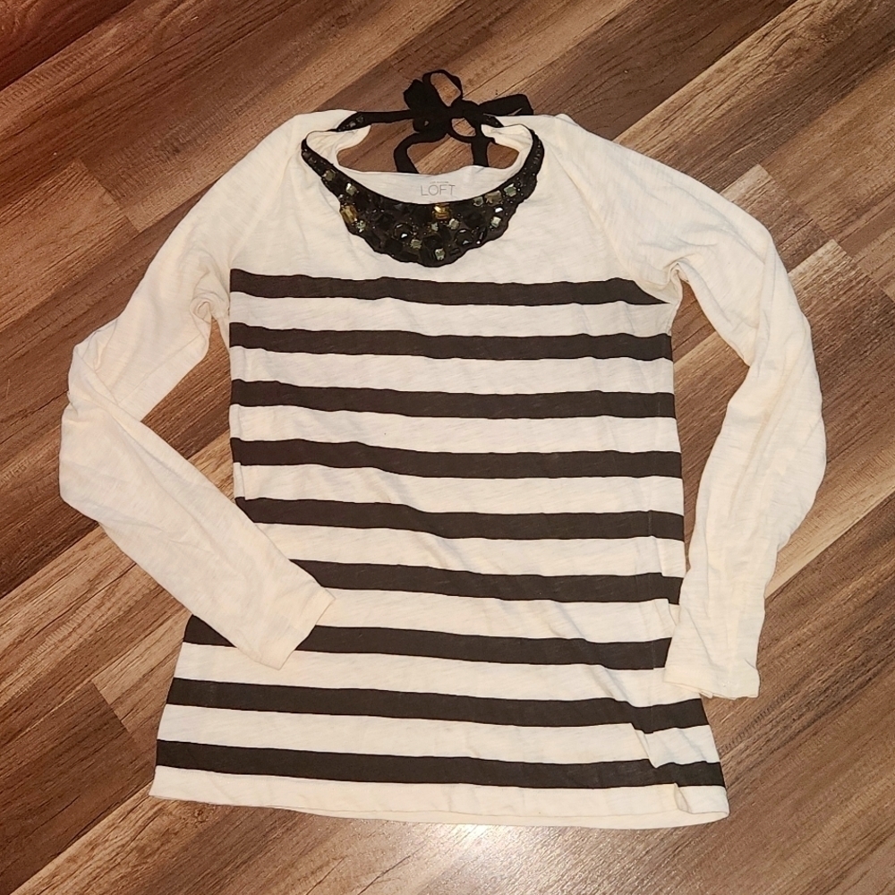 Loft Ann Taylor Long Sleeve Striped Embellished Tee Size Small
